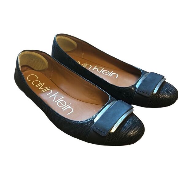 Calvin Klein Black Textured Ballet Flats with Silver Buckle Detail Women US 7 - Picture 1 of 8